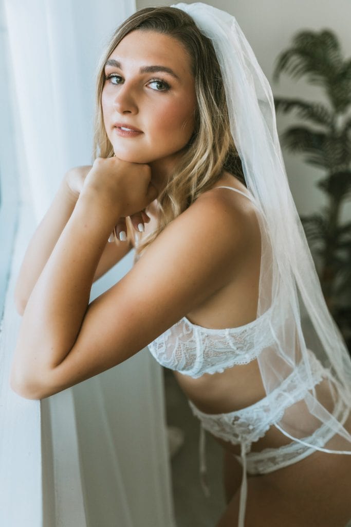 bride in white lingerie in Orange County studio